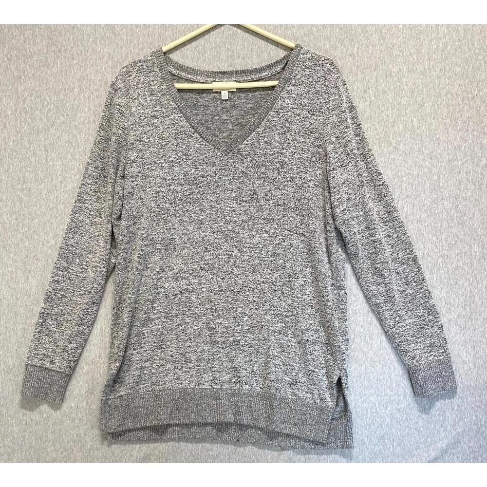 Lucky Brand Sweater Womens Medium Heather Gray Knitwear Split Hem Casual V Neck